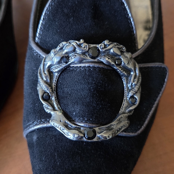 DONALD J PLINER Elegant Black Suede Leather Buckle Crystals Heels Shoes 7.5 - Picture 3 of 11